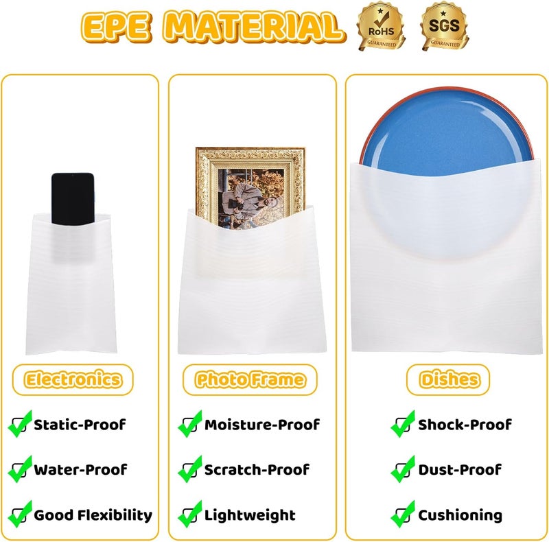 VIOBEPASS 302 Pcs Packing Moving Foam Pouches & Sheets, 5 Sizes Cushion Foam Wrap Pouches with Fragile Stickers for Protect Dishes Cup Glasses Storage Supplies (7.8X7.8", 7.8X12", 12X12", 14X14", 16X16") - Image 3